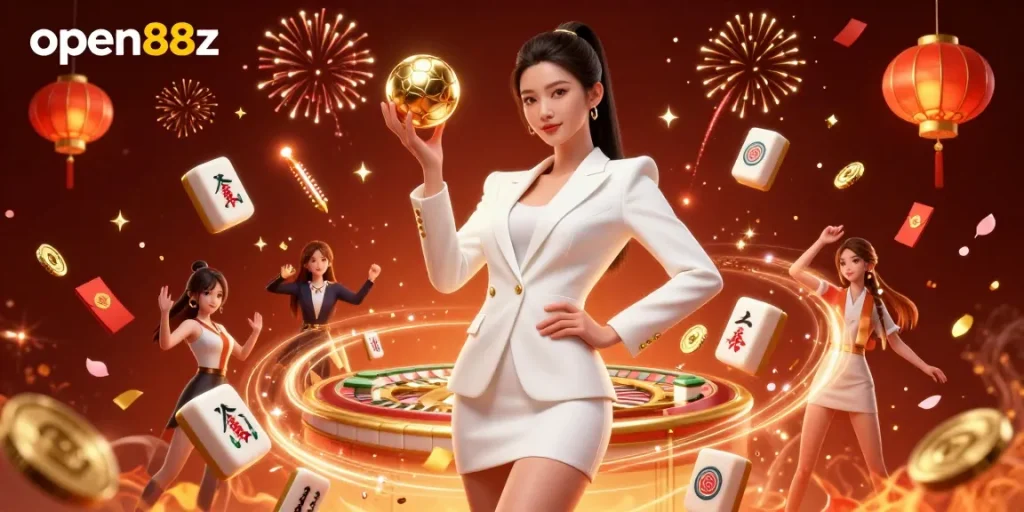 Engage in vibrant gaming action with open88z, showcasing a confident Asian woman in elite casino fashion holding a roulette ball amidst festive casino elements.