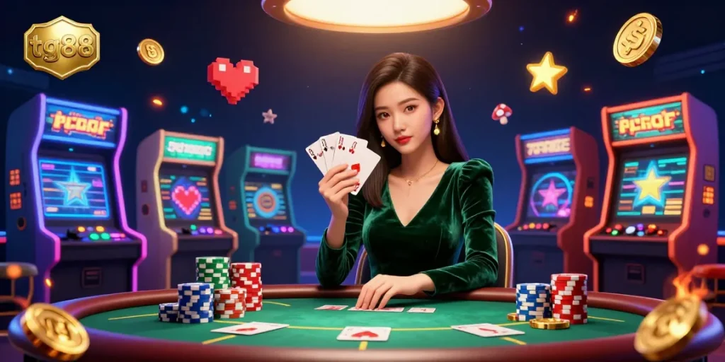 Experience thrilling gameplay at tg88 with a beautiful Asian dealer at a luxury poker table.