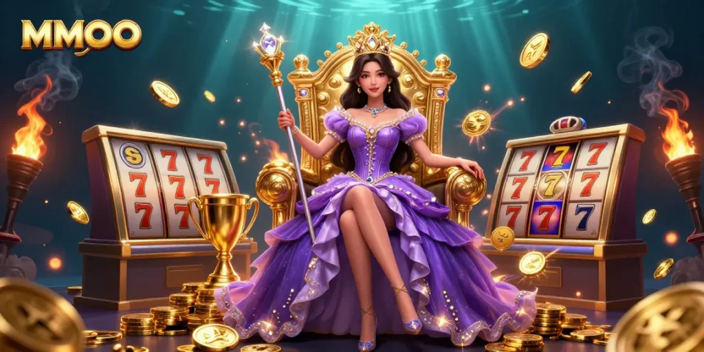 Experience MMOO's captivating casino scene with a regal Asian character and thrilling slot elements.