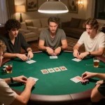 Kèo Nhà Cái poker game night with players at a table, showcasing strategic betting and attentive gameplay.