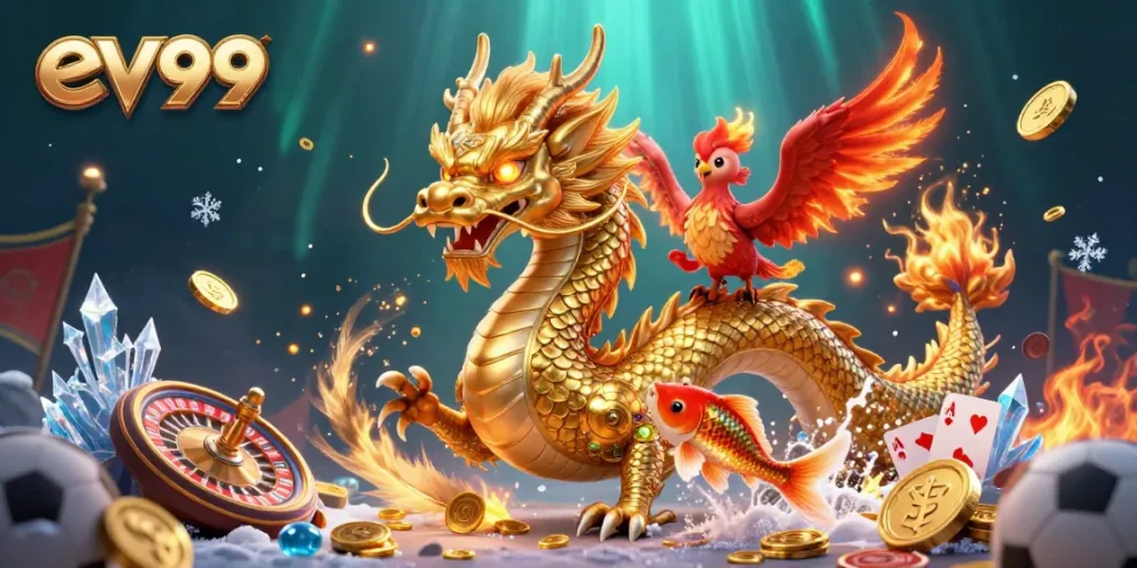 Join the action at ev 99 with a dynamic scene of a fierce dragon and phoenix at a gambling arena.