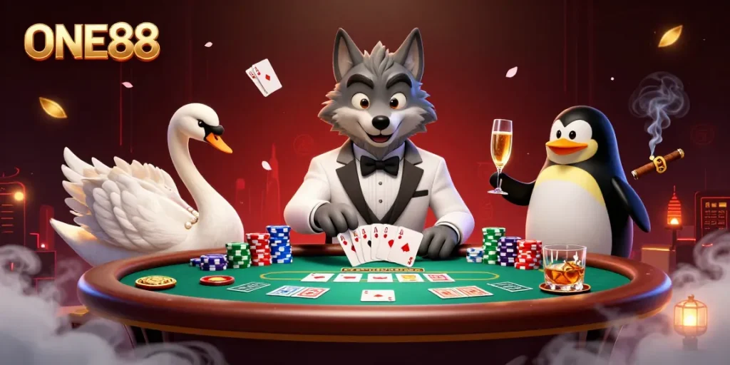 Engage with ONE88's thrilling baccarat game scene featuring dynamic casino characters.