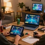 Player strategizing with nohu poker game on tablet in cozy home setup, enhancing online gaming experience.