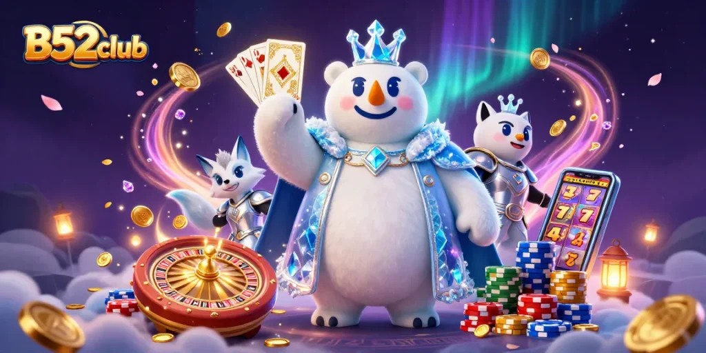 B52club invites you to engage with an exciting world of games featuring a majestic polar bear and snow fox amidst golden coins.