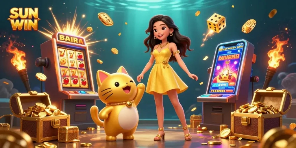 Experience SUN WIN's casino excitement with a cheerful woman and golden lucky cat amidst jackpot thrills.