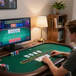 Player enjoying a live dealer blackjack game on their tablet, showcasing TA88 in a responsible gaming atmosphere.
