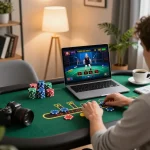 Enjoying an online blackjack game at home with hitclub363 on the laptop.