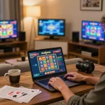 Player enjoying online soibet casino games on a laptop in a cozy living room.
