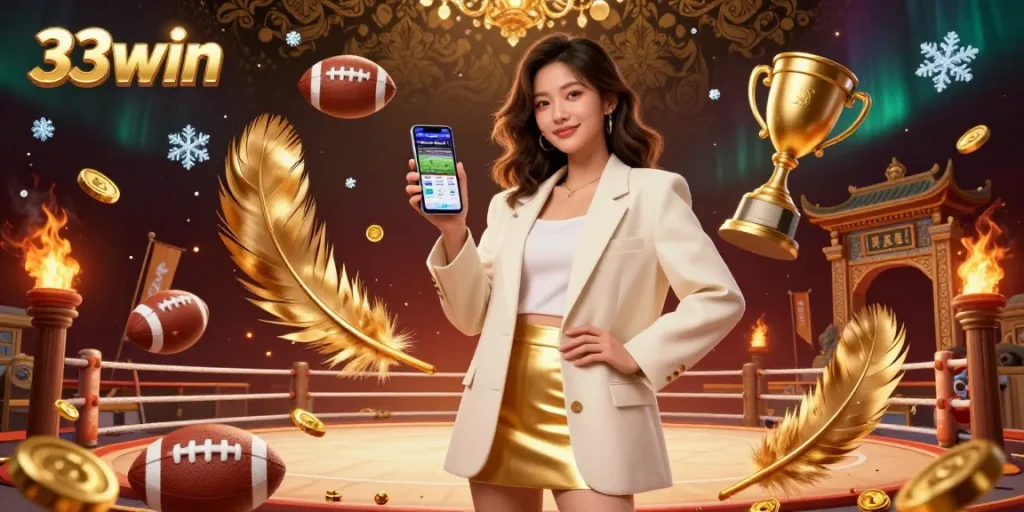 Experience the thrill of 33win as a beautiful Asian woman engages in sports betting with dynamic elements around her.