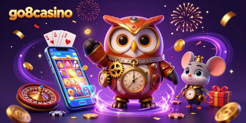 Experience excitement at go8casino with a vibrant scene of playful characters and casino games.