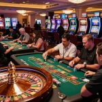 Players engaging intensely at the vibrant casino floor, showcasing 88vv's thrilling gambling experience.