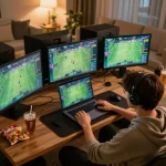 Person engaging in online sports betting at home, showcasing the excitement of 90phut live betting.