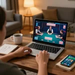 Pfly88 joins a thrilling online poker game while preparing strategy notes in a cozy home.