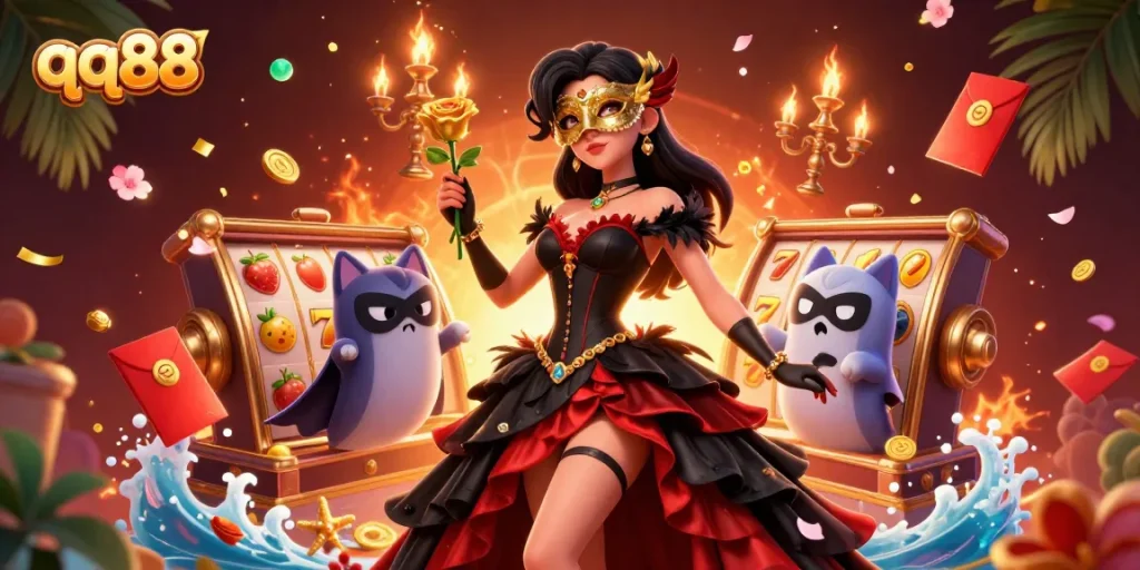 Engage with qq88's vibrant casino illustration featuring dynamic slot reels and a stunning character.