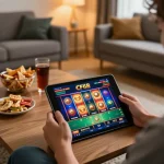Player enjoying the link cf68 mobile app on tablet for exciting online gaming experience in a cozy living room.