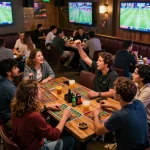 Excited friends engaging in kèo bóng đá discussions while placing bets at a modern sports bar, enhancing their game day experience.