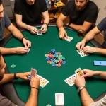 Players enjoying a thrilling poker game at home with DA88 chips stacked, snacks around for a fun night