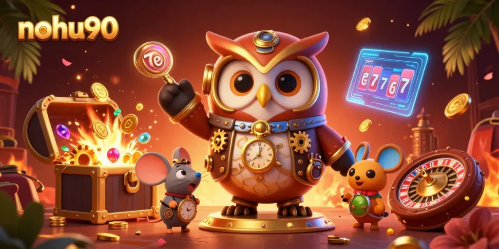 Engage with exciting nohu90 casino games featuring diverse characters set in a vibrant, illustrative atmosphere.