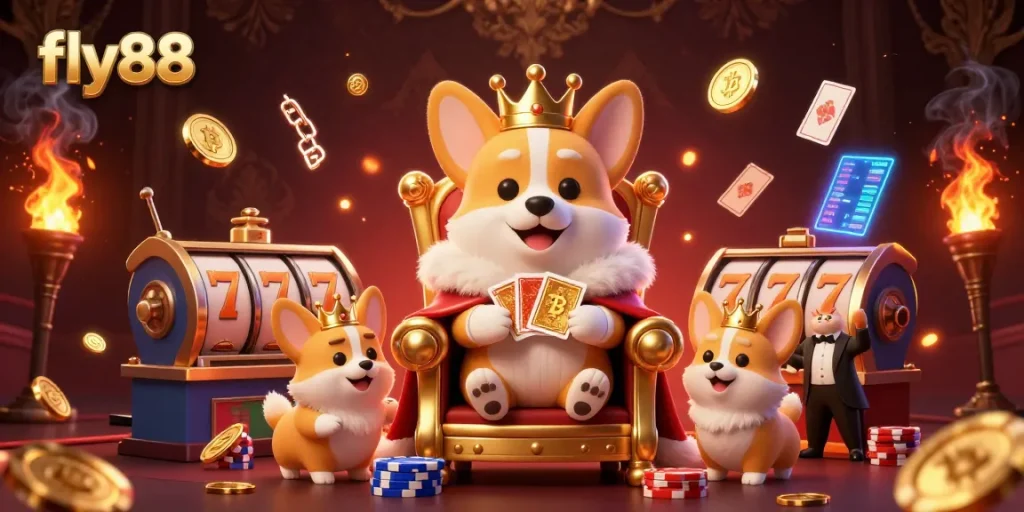 Experience the thrill of fly88 with a royal corgi enjoying poker on a throne of chips amidst a vibrant casino scene.