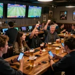 Excited patrons using 7mcn betting app in a lively sports bar setting