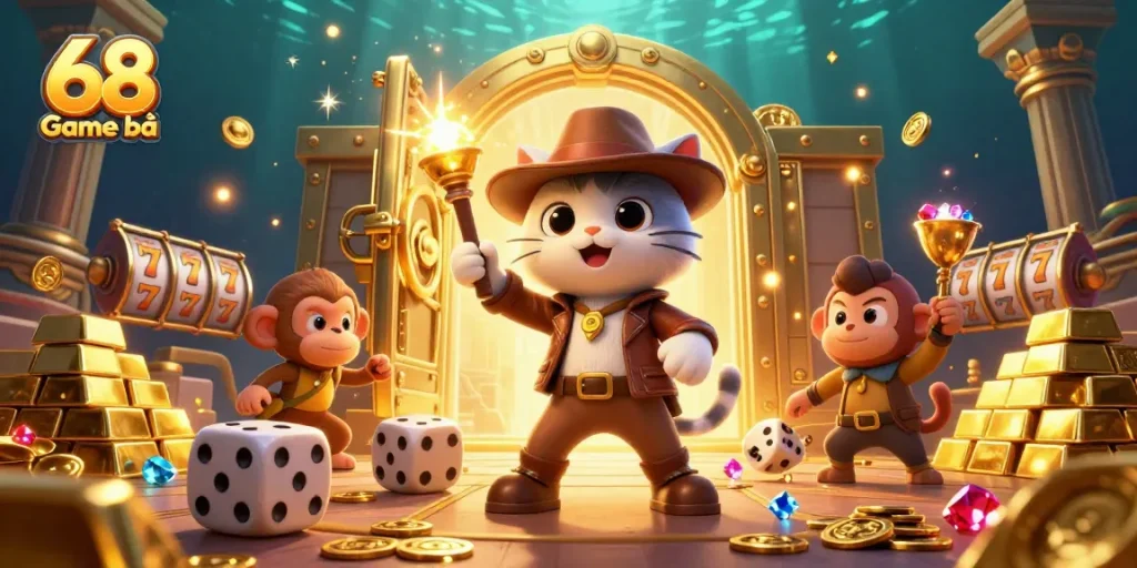 Experience 68 Game bài with a vibrant 3D scene featuring the adventurous cat and treasures.