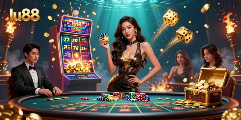 lu88 features a glamorous Asian woman at a VIP baccarat table, celebrating high-stakes victories.