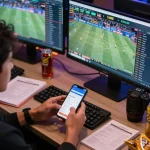 Person placing strategic bets on rokok88 betting app during live sports events.