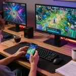 Player strategizing on 23win with live betting on smartphone amidst a vibrant gaming setup.