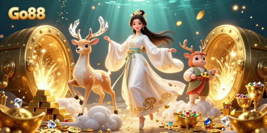 Experience thrills with Go88 through vibrant casino adventures, jewels, and treasure in a stunning digital art.
