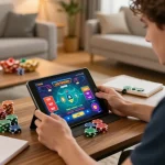 11BET player enjoying online gaming and strategy in a cozy home environment.