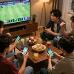 CakhiaTV betting scene with friends placing wagers on smartphones while watching live sports in a cozy setting.