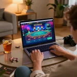 Player engaging with ALO8 online casino game on laptop in cozy home setting