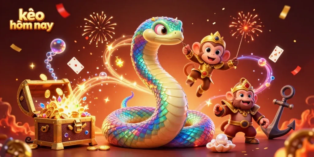 Engage with kèo hôm nay featuring an enchanting serpent and monkey king in a vibrant casino scene.
