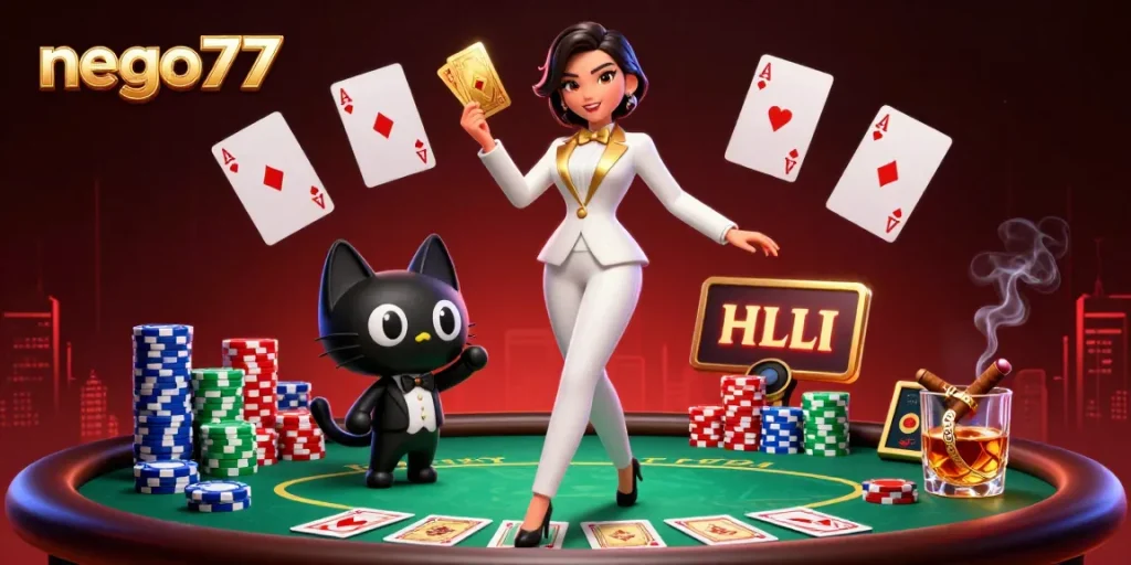 Experience exciting gameplay with nego77 in vibrant online casino illustration featuring a card dealer and playful cat.