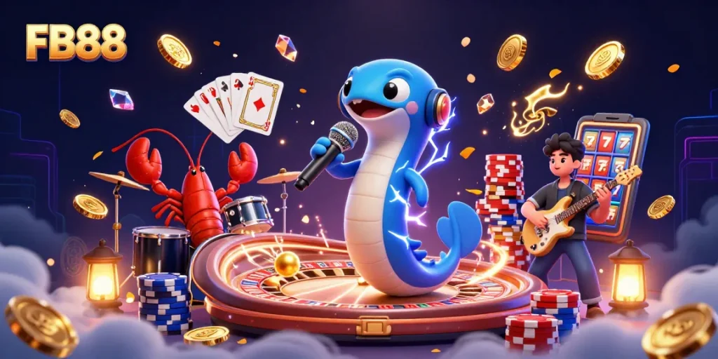 Experience thrilling gameplay at FB88 with an electric DJ eel and colorful casino elements.