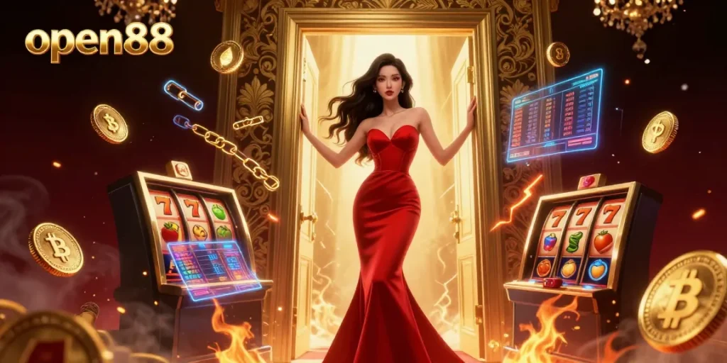 Experience the excitement of open88 with a beautiful Asian woman in a luxurious casino scene, featuring slot games and crypto elements.