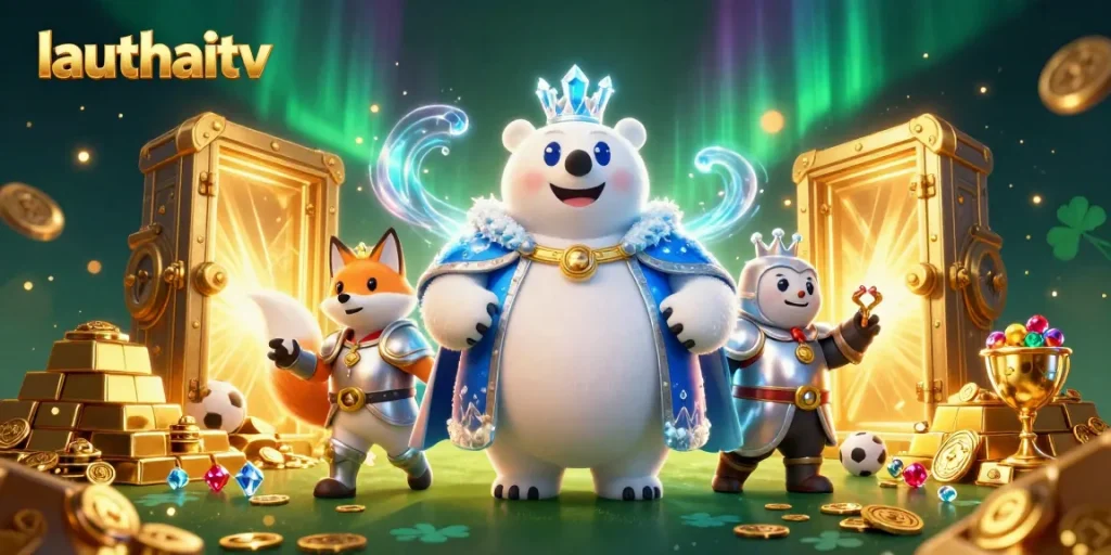 Witness the thrilling betting action at lauthaitv, featuring a majestic polar bear king and a silver-armored snow fox amidst a treasure-filled realm.
