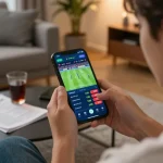 Person placing bets on soccer matches with hm88 app in a cozy home setting.