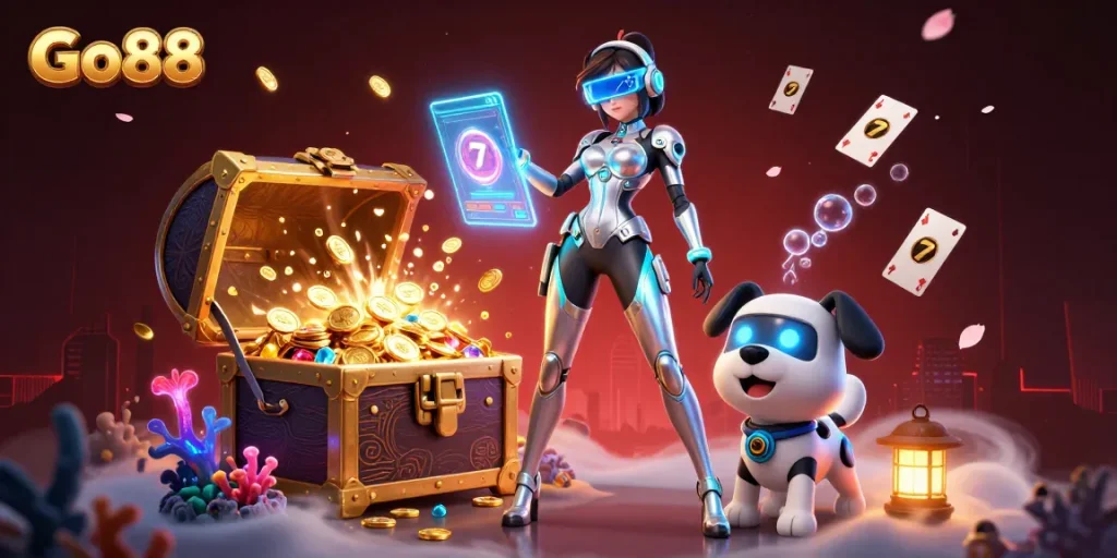 Experience thrilling moments with Go88's gaming excitement amidst surreal casino visuals.