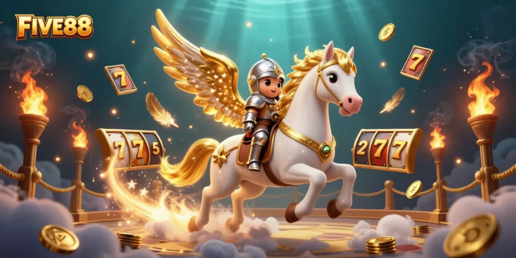 Witness FIVE88's thrilling celestial gambling adventure featuring a knight on a winged horse amidst slot machines and golden treasures.