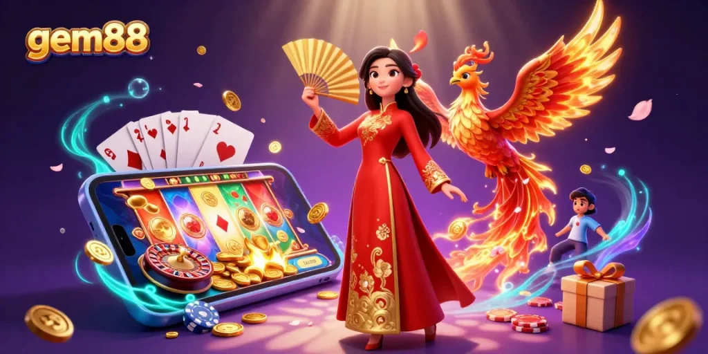 Spin and win at gem88 with this vibrant casino illustration, featuring exciting gaming elements.