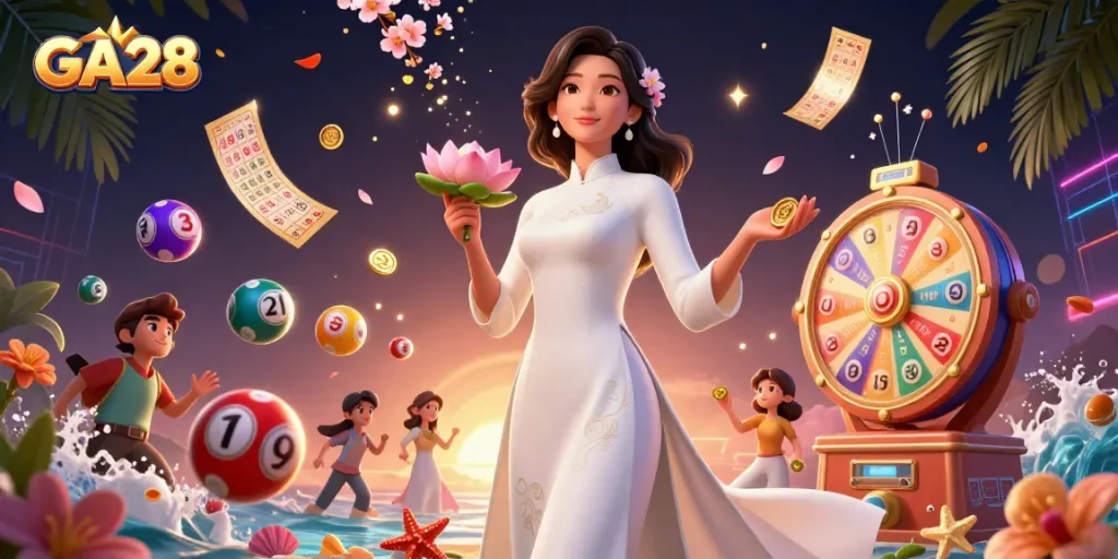 Engage in GA28-themed lottery fun with vibrant elements and a graceful illustrative scene.