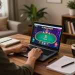 Link LODE88 showcased in a cozy home gaming setup with poker game interface and strategy notes.