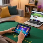 Engaging in poker on trang chủ 789win with a modern gaming setup in a cozy home environment