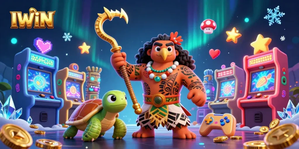 IWIN offers a vibrant 3D scene with a demigod and gaming elements that celebrate casino fun and excitement.