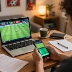 Engaging in football betting with smartphone and laptop in a cozy home setup