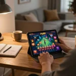 Engaged player utilizing Fly88 casino app on a tablet in a cozy home setting, highlighting online gaming experience.