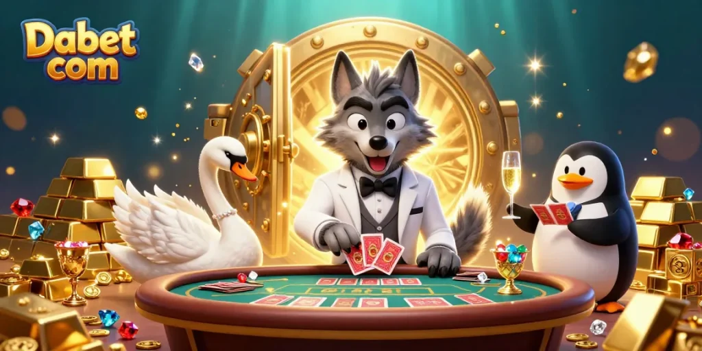 Play exciting games at Dabet com with a lavish scene featuring a wolf, swan, and penguin in a vibrant casino setting.