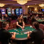 Players engage in thrilling blackjack gameplay at the DEBET casino, surrounded by vibrant atmosphere and excitement.