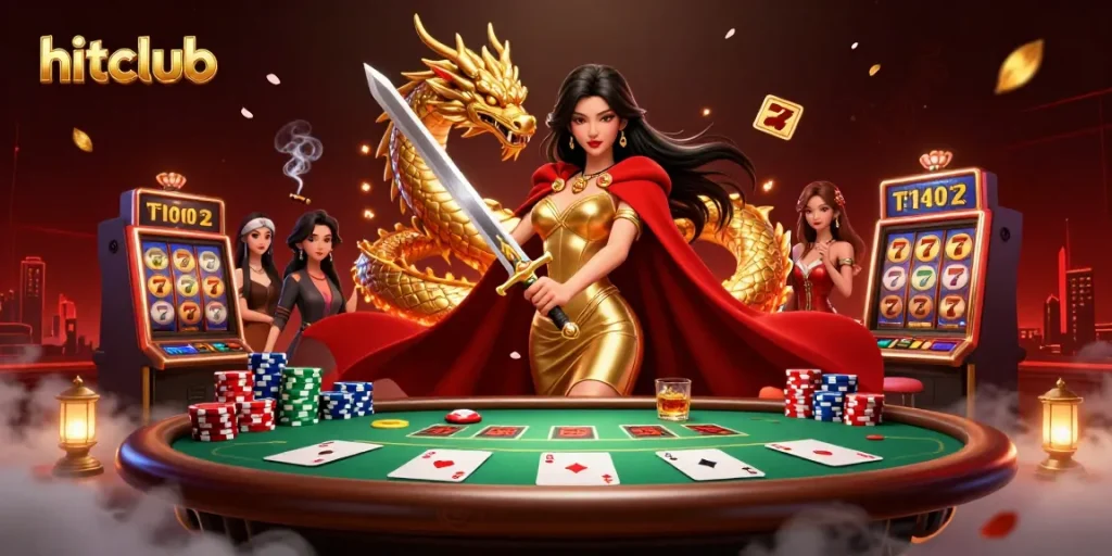 Engage in thrilling gameplay at hitclub with dynamic poker and slot elements in a vivid scene.